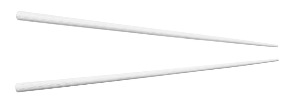 Two white chopsticks in wide open position, isolated on transparent cutout background