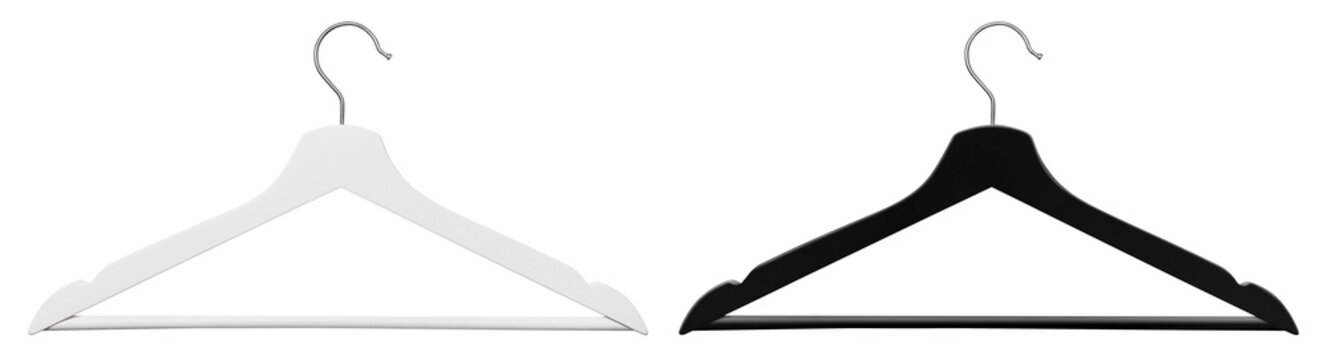Set of two empty white and black coat hangers, isolated on transparent cutout background