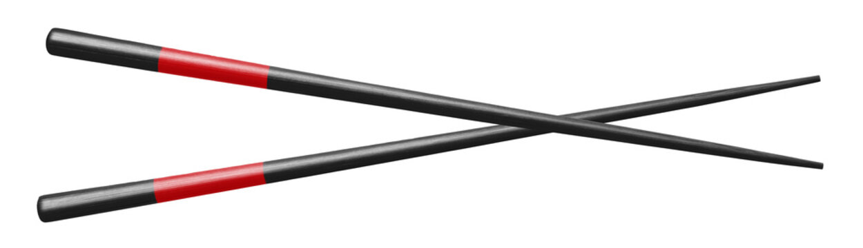 Crossed black and red chopsticks, forming X shape, isolated on transparent cutout background