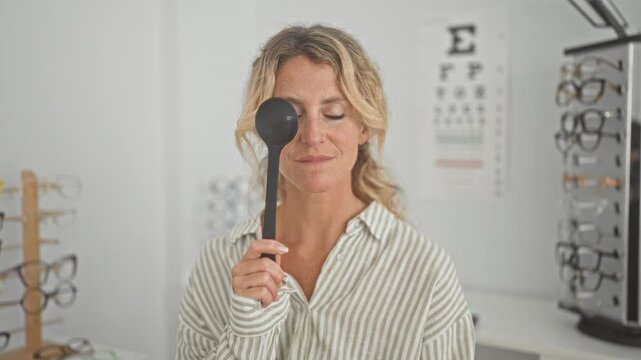 Woman holds occluder over one eye during vision test in optical clinic building; calm reassurance trust.