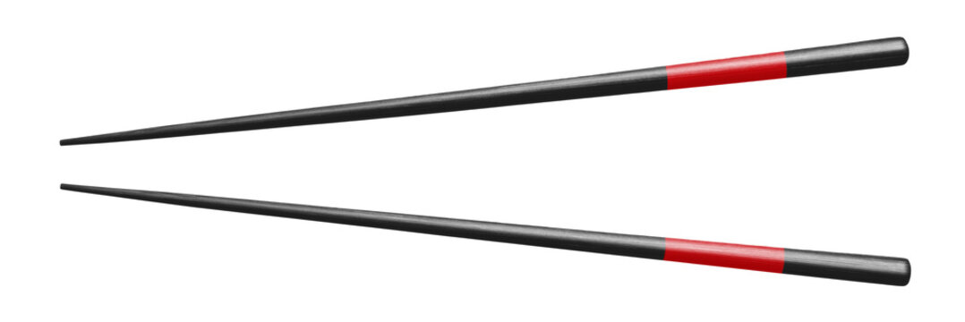 Two black chopsticks with red accents in open position, isolated on transparent cutout background