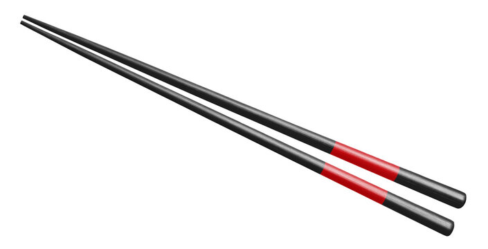 Pair of black chopsticks with red accents arranged diagonally, isolated on transparent cutout background