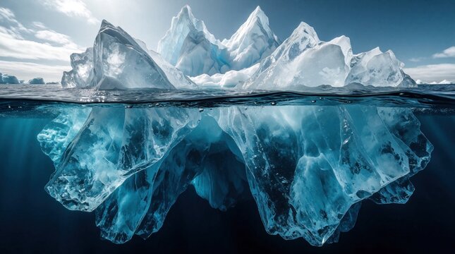 Massive iceberg floats in dark blue ocean water. Split view shows snowy mountain above surface, giant ice structure underwater. Cold arctic glacier melting in sea under bright sun. Deep blue frozen
