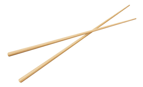 Natural bamboo chopsticks crossing each other diagonally, isolated on transparent cutout background
