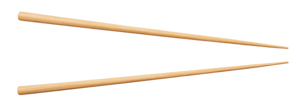 Two wooden Asian chopsticks in open position, isolated on transparent cutout background