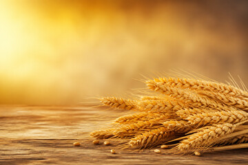Fototapeta premium A bunch of golden wheat stalks rests on a rustic wooden surface against a warm, blurred yellow and brown background.