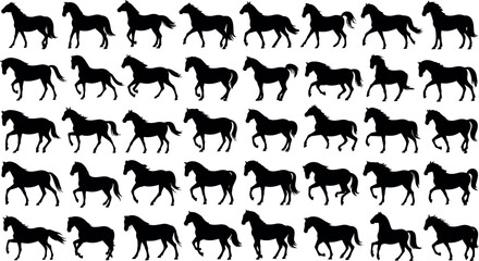 Fototapeta premium Horse Running Motion Sequence Silhouettes Set with Galloping Stallions and Mustangs Vector Illustration