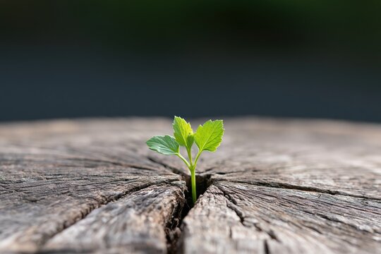 The Seedling Awakening on a Weathered Wooden Stump in Gentle Light