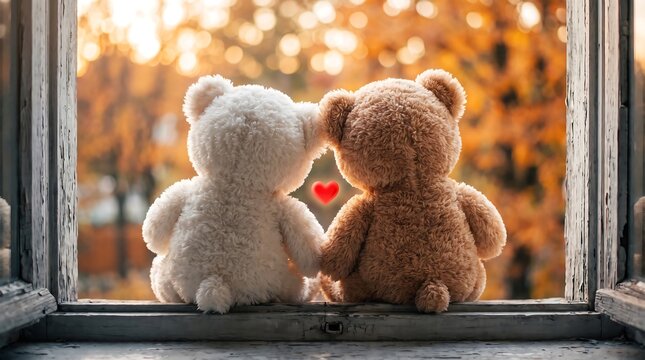Two cute teddy bears sitting together on a window sill for a romantic valentine day celebration at home