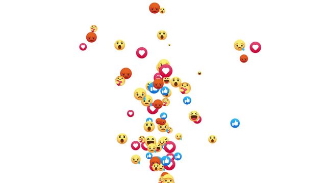 Floating Social media live streaming animation icon down to up explosion 4k motion graphic videos. Social media emojis of hearts, likes, heart eyes Alpha channel, transparent background. 4K resolution