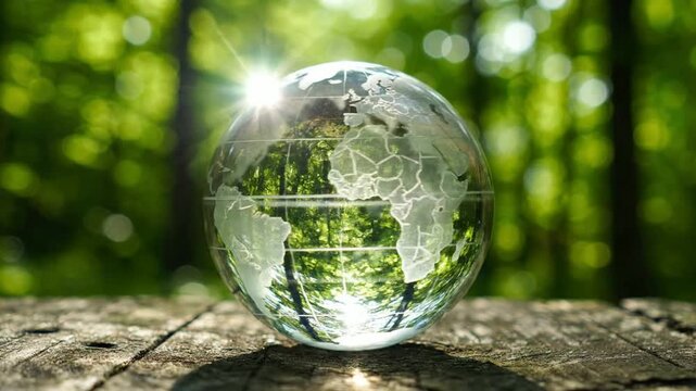 Glass globe map on wooden table with green forest background, and sunlight flare, for ecology concept earth