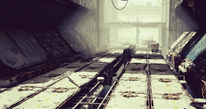 Wide loading corridor with bright windows and long ramps, high ceiling floods interior with diffuse light, orderly stacks of pallets and rails emphasize