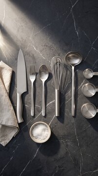 Stainless steel knife, fork, spoon, whisk, ladle and measuring cups arranged on dark marble with salt and soft directional light.