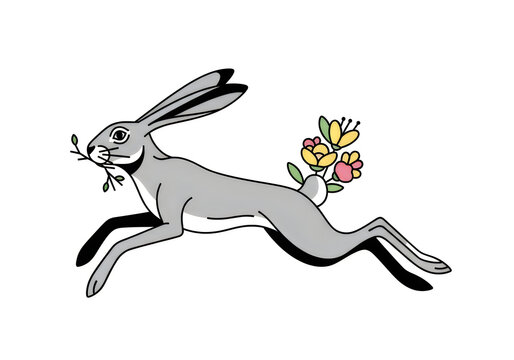 Cartoon rabbit running with flowers