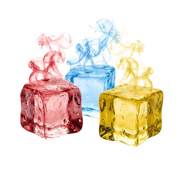 Colorful ice cubes with rising colored smoke on white background - abstract concept