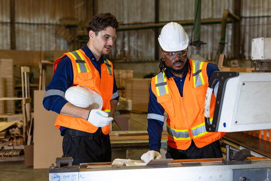Plywood for woodworking lies beside a carpenter and colleague as they review a document at the wood workshop panel saw.
