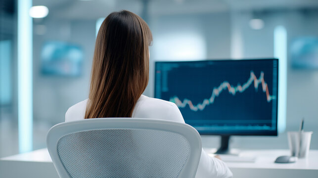 Woman with long brown hair seated at a desk, viewing financial charts on a computer screen in a modern office environment with bright lighting