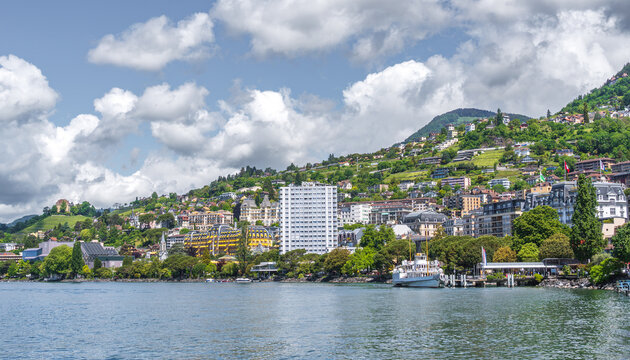 Scenic view of Montreux city skyline and waterfront on Lake Geneva, Switzerland