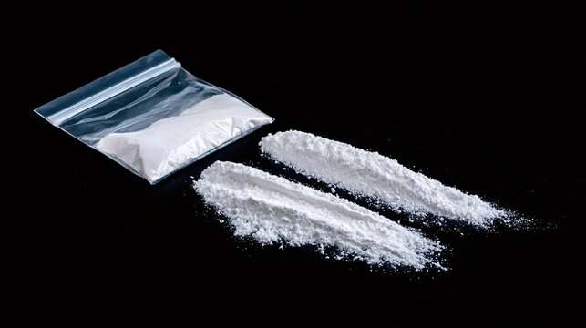 White powder resembling an illicit substance is arranged in two lines and contained within a clear plastic baggie, highlighting concepts of drug abuse, addiction, and illegal activity