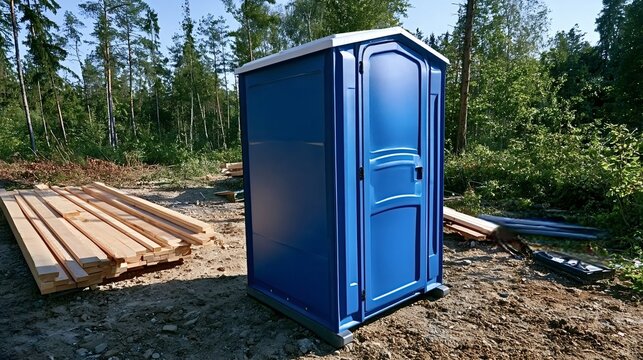 Blue portable toilet standing on bare ground near stacks of lumber planks and green forest, offering essential sanitation facilities at an outdoor worksite