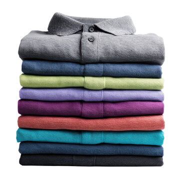 Colorful folded polo shirts, nine-shirt stack of casual fabric tops, tidy apparel display for retail and wardrobe organization isolated PNG with Transparent Background