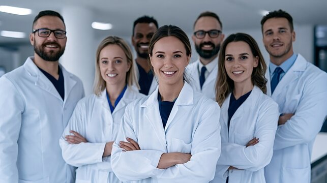 Diverse group of doctors and healthcare professionals standing together, looking at the camera and smiling, representing unity and expertise in a modern hospital or clinic setting