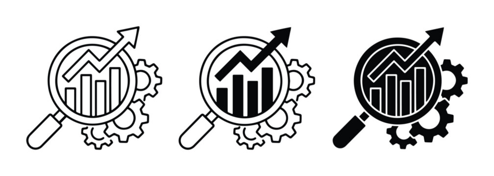 Analytics icons set with magnifying glass, chart and gears for business data
