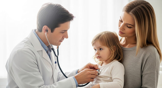 Doctor examining child with stethoscope, mother watching, symbolizing healthcare, trust, and pediatric care, representing well-being and medical attention