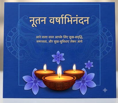 a s oil erene blue gujarati nutan varshabhinandan greeting template decorated with lit oil lamps and fiowers