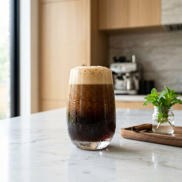 A glass of refreshing nitro cold brew coffee on a marble kitchen counter.