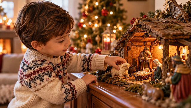 Young boy arranging a traditional Christmas nativity scene with baby Jesus, Mary and Joseph beside a glowing Christmas tree at home