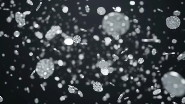 Elegant silver glitter particles floating and shimmering against a dark background, creating a luxurious abstract motion effect for festive, celebration and premium advertising designs.