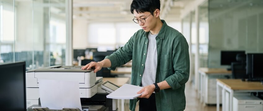 Generative AI, Asian office worker using a printer machine at the workplace