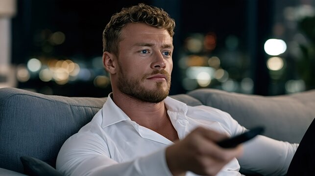 Young man sitting comfortably on a living room sofa, holding a remote control and attentively watching television programs in the evening with city lights blurred in the background