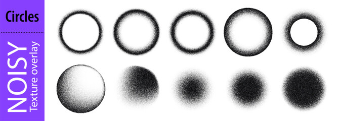 Fototapeta premium Grainy gradient pattern circle, noisy paint spray brush. Black sand splitter round shape, dust stipple abstract texture. Dotted hatching halftone frame with radial ring, and circular fluid splash