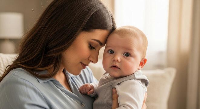 Woman holding baby, forehead touching, symbolizing love, family, and nurturing bond, perfect for lifestyle or motherhood concepts
