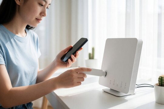 Young Asian woman installs white Wi-Fi 6 router in bright home office. Uses smartphone app to configure wireless network on desk. Modern tech setup for remote work with high speed internet connection