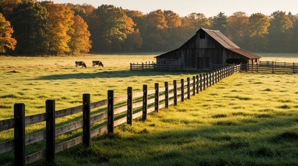 Obraz premium Old wooden barn stands in rich green pasture under golden sunlight. Cows graze near long fence in farm field. Autumn trees with colorful leaves surround rural landscape. Peaceful countryside scenery