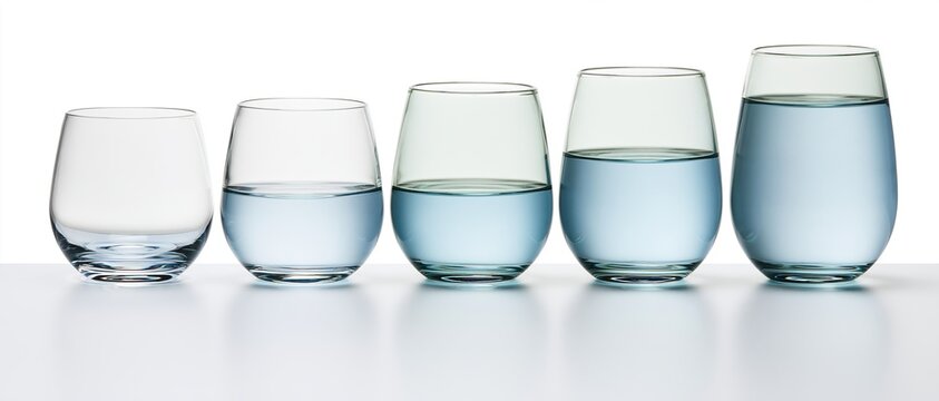 Six stemless drinking glasses in a row filled with increasing amounts of water on a white surface