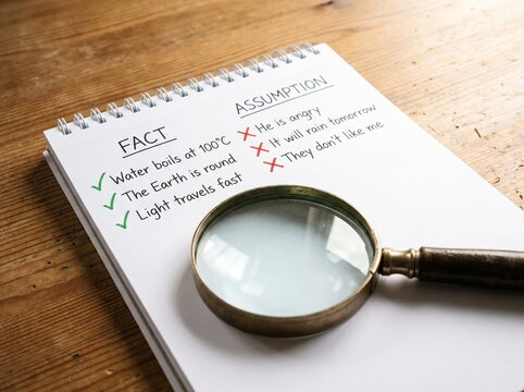 A Spiral Bound Notepad Listing Handwritten Examples Of Fact With Checkmarks Alongside Assumption With Red X Marks Lying On A Wooden Table With A Magnifying Glass Resting On Top