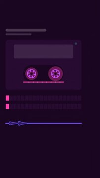 Vertical 9:16 animated cassette reels spinning with levels in violet and purple on a dark background. Seamless looping 4K motion graphics in portrait format for reels, shorts, stories and music videos