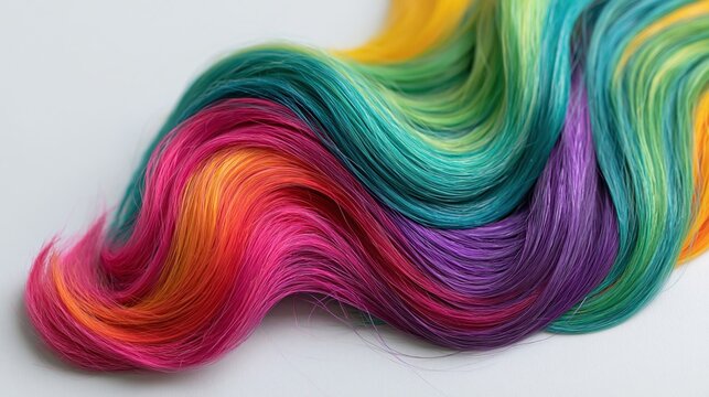 Wavy rainbow-colored hair extension lying on a white surface