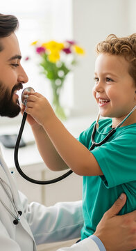 Joyful child in green shirt uses stethoscope on smiling man in white coat, symbolizing healthcare, play, and future doctors, ideal for medical or family themes