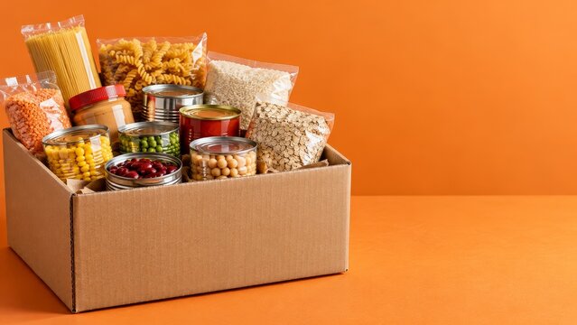 Food drive donation box with canned vegetables beans pasta and dry grains on orange background with right copy space