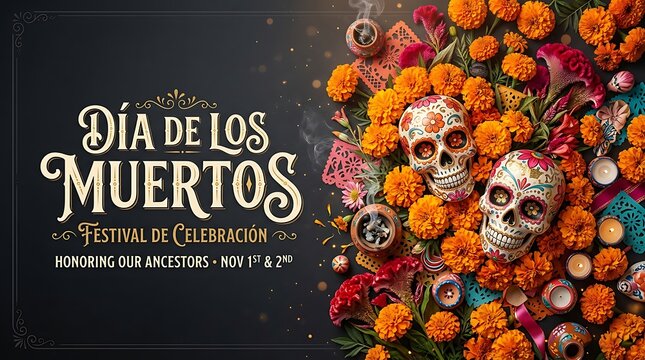 Dia de los muertos festival banner with sugar skulls, vibrant marigold flowers, and candles, honoring ancestors on nov 1st and 2nd, dia de los muertos, dia de los muertos 2026, Day OF The Dead.