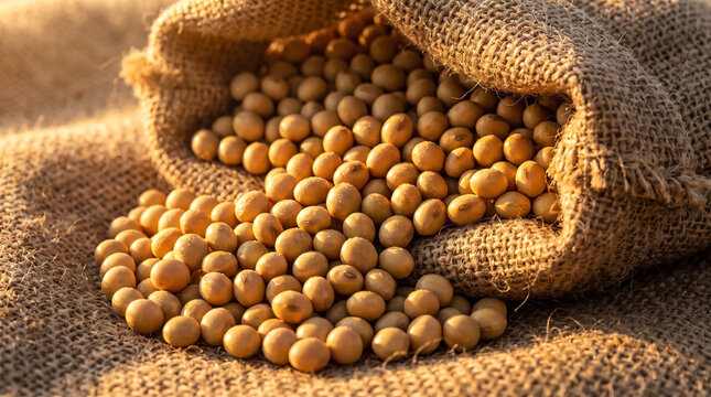 Close-Up of Organic Soybeans Spilling Out of a Burlap Sack Under Warm Sunlight.