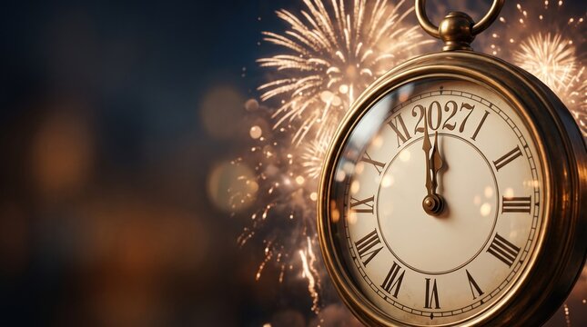 Vintage clock at midnight with fireworks behind