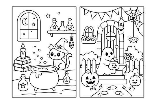 Two Halloween coloring pages for kids with witch cat, cauldron and cute ghost with pumpkins. Black and white line art printable on 8.5x11 inch paper for children activities and festive leisure