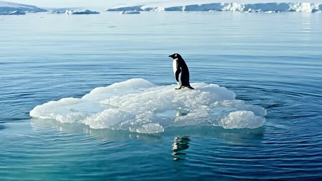 Lonely penguin floating on small ice floe in antarctic ocean water, climate change and wildlife conservation concept
