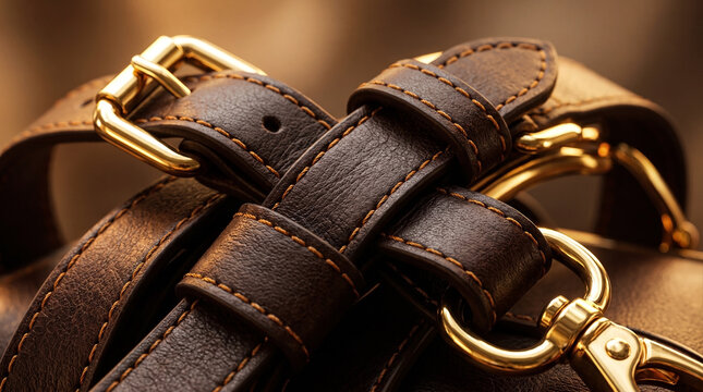 Detailed Close-Up of Luxury Brown Leather Straps with Shiny Golden Brass Buckles.